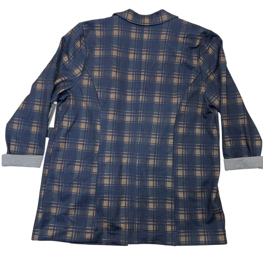 Liverpool Blazer Women 1X Navy Brown Tartan Plaid Relaxed Boyfriend Flap Pockets